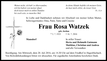 Traueranzeige von Rosa Watzek von Neustadt/ Scheinfeld/ Uffenheim