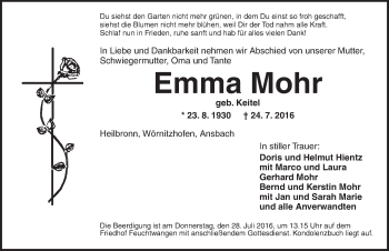 Traueranzeige von Emma Mohr von Dinkelsbühl/ Feuchtwangen