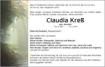 Traueranzeige von Claudia Kreß von Neustadt/ Scheinfeld/ Uffenheim