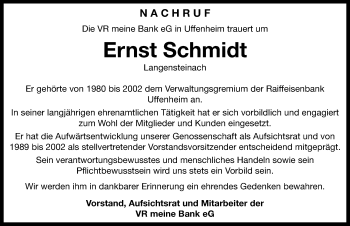 Traueranzeige von Ernst Schmidt von Neustadt/ Scheinfeld/ Uffenheim