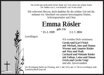 Traueranzeige von Emma Rösler von Dinkelsbühl/ Feuchtwangen