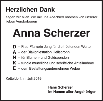 Traueranzeige von Anna Scherzer von Ansbach