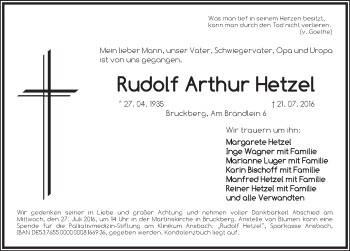 Traueranzeige von Rudolf Arthur Hetzel von Ansbach