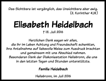 Traueranzeige von Elisabeth Heidelbach von Ansbach