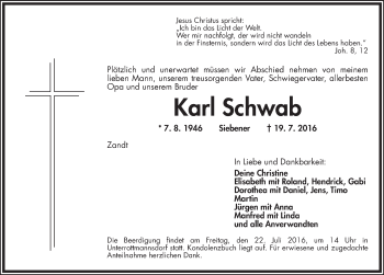 Traueranzeige von Karl Schwab von Ansbach