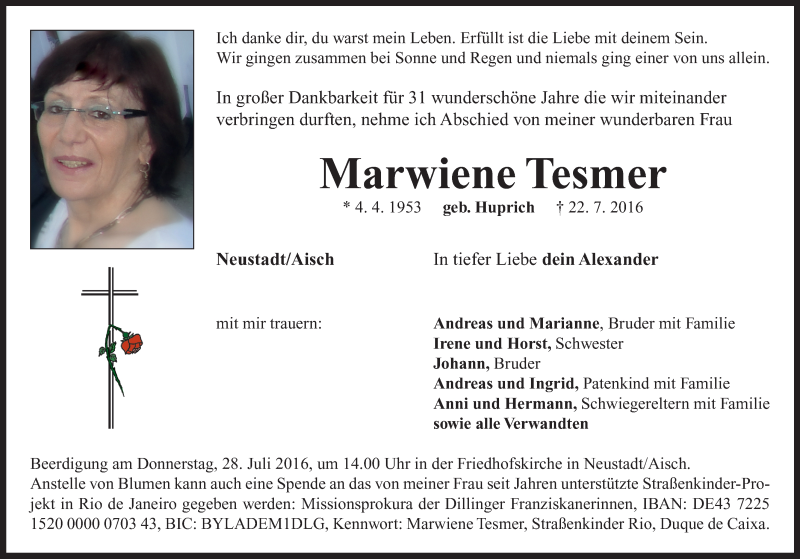  Traueranzeige für Marwiene Tesmer vom 26.07.2016 aus Neustadt/ Scheinfeld/ Uffenheim
