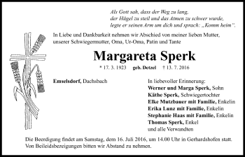 Traueranzeige von Margareta Sperk von Neustadt/ Scheinfeld/ Uffenheim