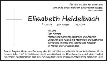 Traueranzeige von Elisabeth Heidelbach von Ansbach