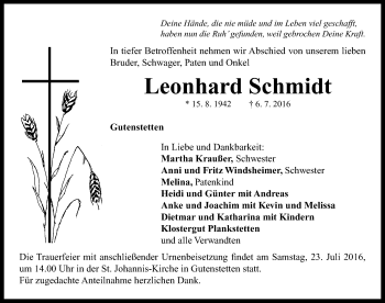 Traueranzeige von Leonhard Schmidt von Neustadt/ Scheinfeld/ Uffenheim