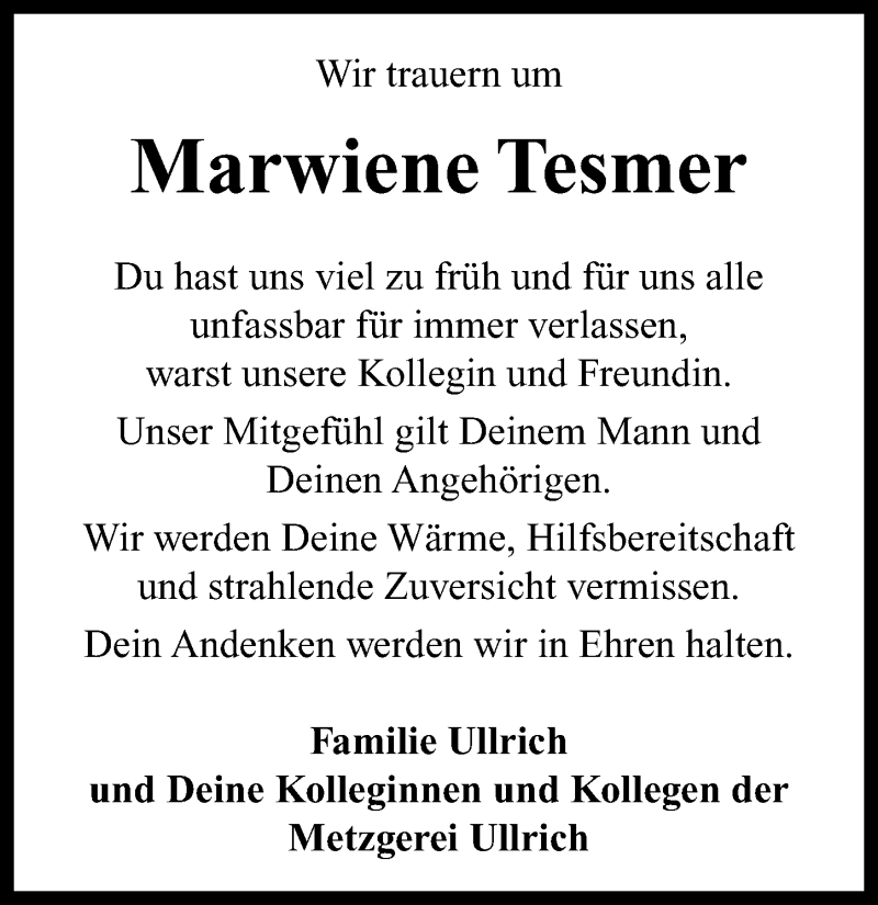  Traueranzeige für Marwiene Tesmer vom 27.07.2016 aus Neustadt/ Scheinfeld/ Uffenheim