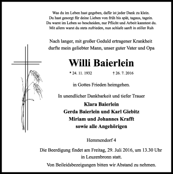 Traueranzeige von Willi Baierlein von Rothenburg