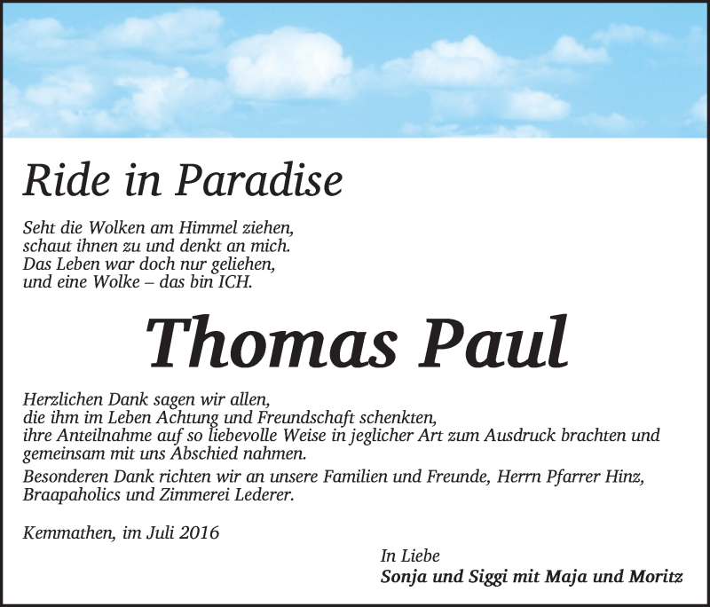  Traueranzeige für Thomas Paul vom 16.07.2016 aus Ansbach