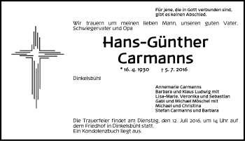 Traueranzeige von Hans-Günther Carmanns von Dinkelsbühl/ Feuchtwangen