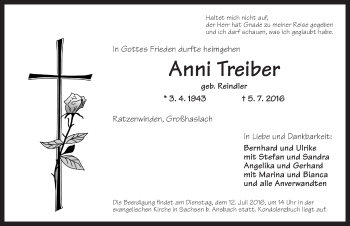 Traueranzeige von Anni Treiber von Ansbach