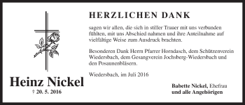 Traueranzeige von Heinz Nickel von Ansbach