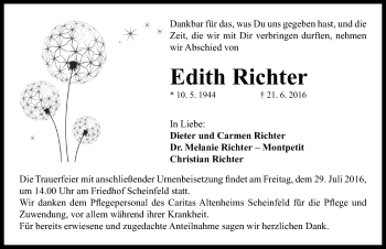 Traueranzeige von Edith Richter von Neustadt/ Scheinfeld/ Uffenheim