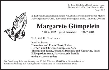 Traueranzeige von Margarete Gümpelein von Ansbach