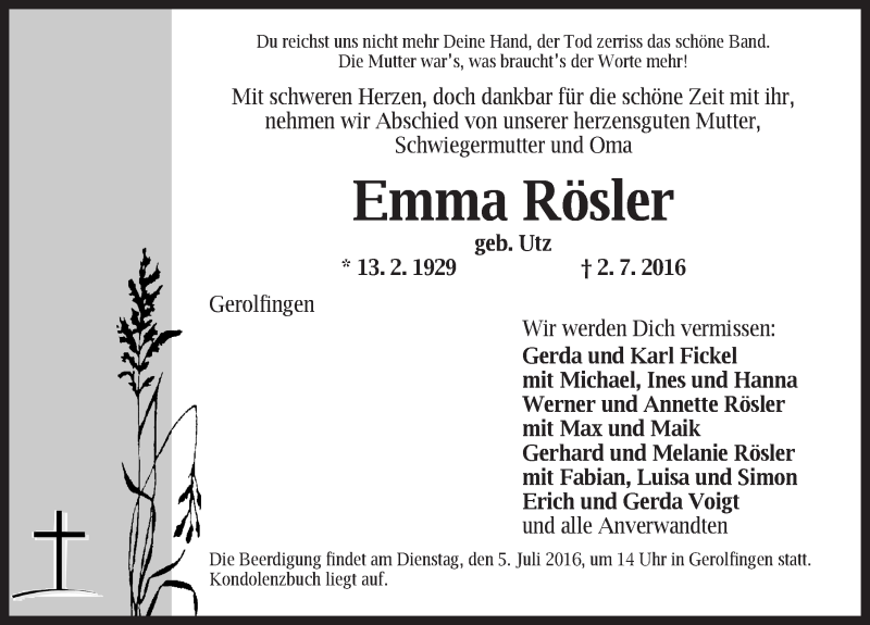 Traueranzeigen von Emma Rösler | trauer.flz.de