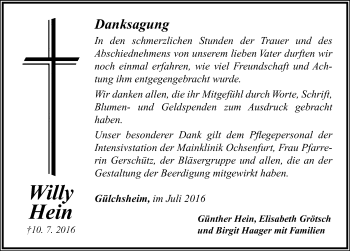 Traueranzeige von Willy Hein von Neustadt/ Scheinfeld/ Uffenheim