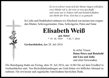 Traueranzeige von Elisabeth Weiß von Neustadt/ Scheinfeld/ Uffenheim