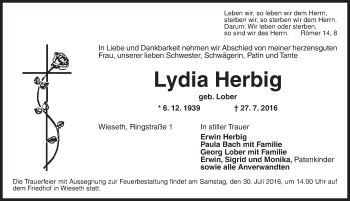 Traueranzeige von Lydia Herbig von Dinkelsbühl/ Feuchtwangen