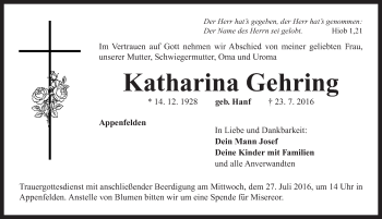 Traueranzeige von Katharina Gehring von Neustadt/ Scheinfeld/ Uffenheim