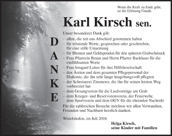 Traueranzeige von Karl Kirsch von Dinkelsbühl/ Feuchtwangen