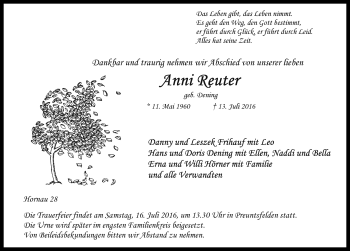Traueranzeige von Anni Reuter von Rothenburg