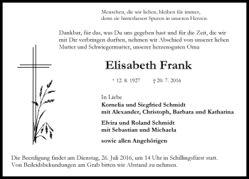 Traueranzeige von Elisabeth Frank von Rothenburg