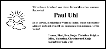 Traueranzeige von Paul Uhl von Rothenburg