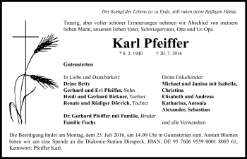 Traueranzeige von Karl Pfeiffer von Neustadt/ Scheinfeld/ Uffenheim