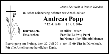 Traueranzeige von Andreas Popp von Neustadt/ Scheinfeld/ Uffenheim