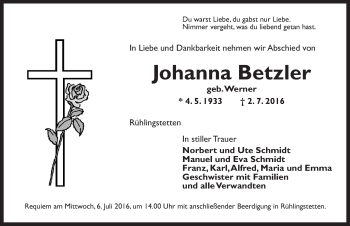 Traueranzeige von Johanna Betzier von Dinkelsbühl/ Feuchtwangen