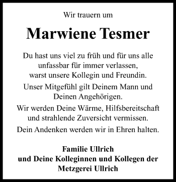 Traueranzeige von Marwiene Tesmer von Neustadt/ Scheinfeld/ Uffenheim