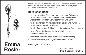 Traueranzeige von Emma Rösler von Dinkelsbühl/ Feuchtwangen