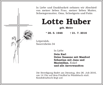 Traueranzeige von Lotte Huber von Ansbach