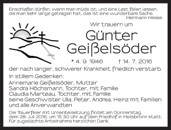 Traueranzeige von Günter Geißelsöder von Ansbach