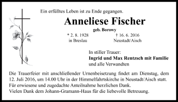 Traueranzeige von Anneliese Fischer von Neustadt/ Scheinfeld/ Uffenheim