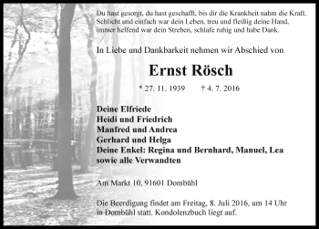 Traueranzeige von Ernst Rösch von Rothenburg