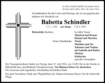 Traueranzeige von Babetta Schindler von Neustadt/ Scheinfeld/ Uffenheim