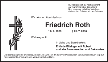 Traueranzeige von Friedrich Roth von Ansbach