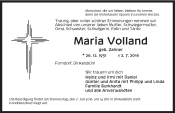 Traueranzeige von Maria Volland von Dinkelsbühl/ Feuchtwangen