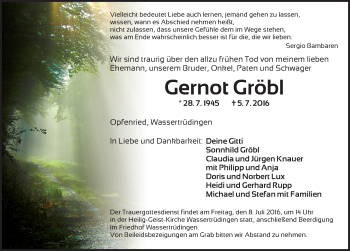 Traueranzeige von Gernot Gröbl von Dinkelsbühl/ Feuchtwangen