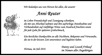 Traueranzeige von Anni Reuter von Rothenburg