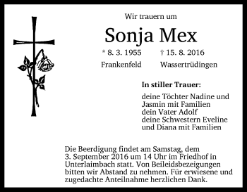 Traueranzeige von Sonja Mex von Neustadt/ Scheinfeld/ Uffenheim