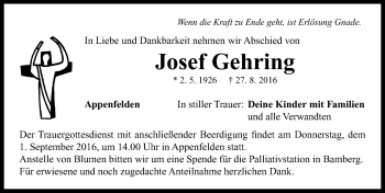 Traueranzeige von Josef Gehring von Neustadt/ Scheinfeld/ Uffenheim