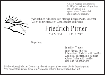 Traueranzeige von Friedrich Pirner von Dinkelsbühl/ Feuchtwangen