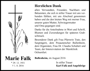 Traueranzeige von Marie Falk von Neustadt/ Scheinfeld/ Uffenheim