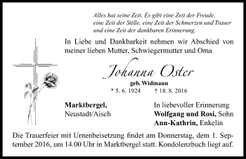 Traueranzeige von Johanna Oster von Neustadt/ Scheinfeld/ Uffenheim