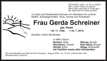 Traueranzeige von Gerda Schreiner von Dinkelsbühl/ Feuchtwangen